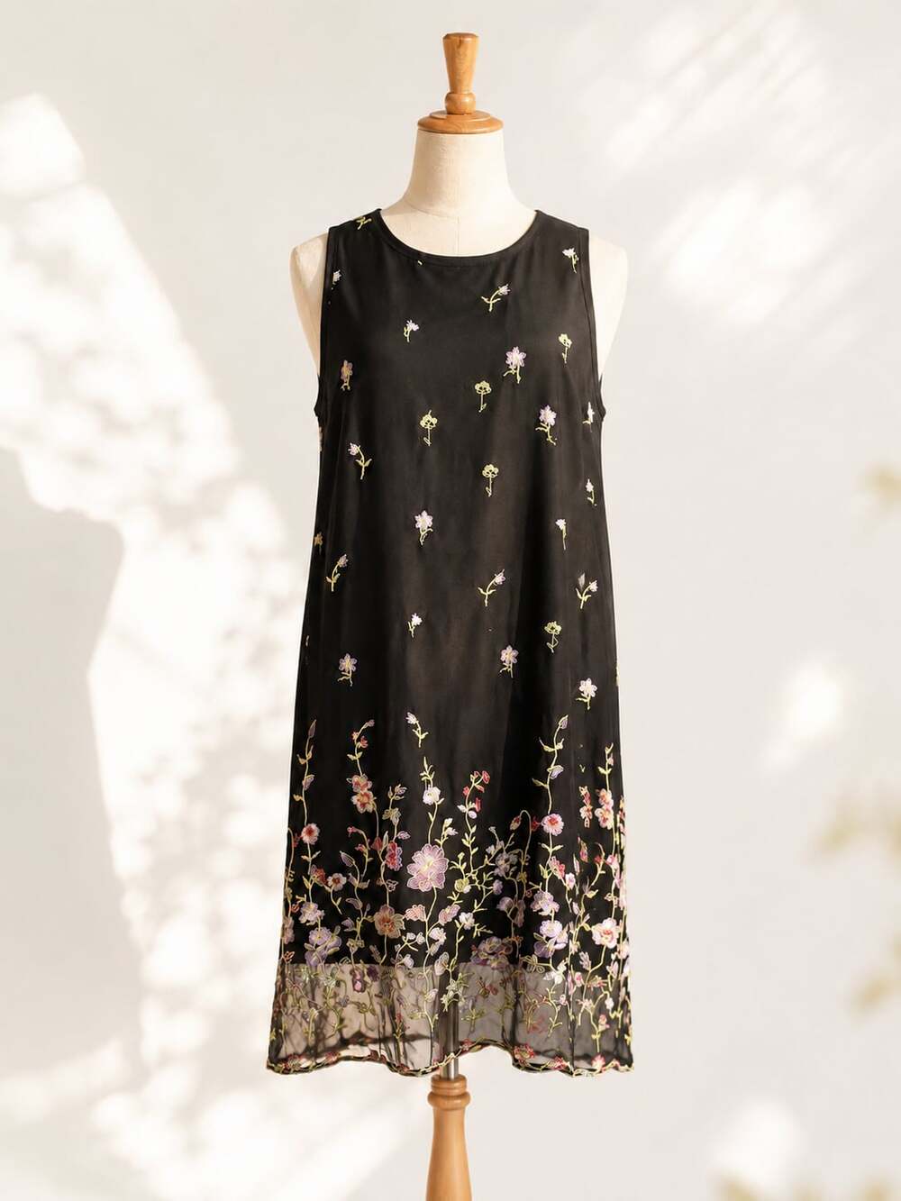 Black Embroidered Floral Mesh Shift Dress Boho Cottagecore Garden Party L